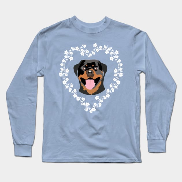 Rottweiler Dog and Cherry Blossom Heart Wreath Long Sleeve T-Shirt by HotPinkStudio.Me